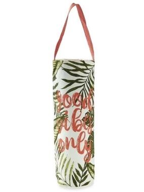 Good Vibes Only Tropical Print Wine Bottle Tote - Coral Strap